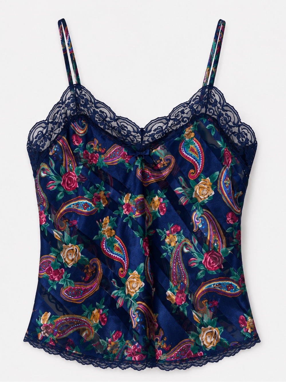 Satin Floral Paisley Chemise Going Out Top Lingerie Festival Blue Lace Trim